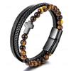 Stainless Steel Natural Tiger Eye Agate Cross Bracelet Men's Titanium Steel Multi-layer Woven Leather Bracelet