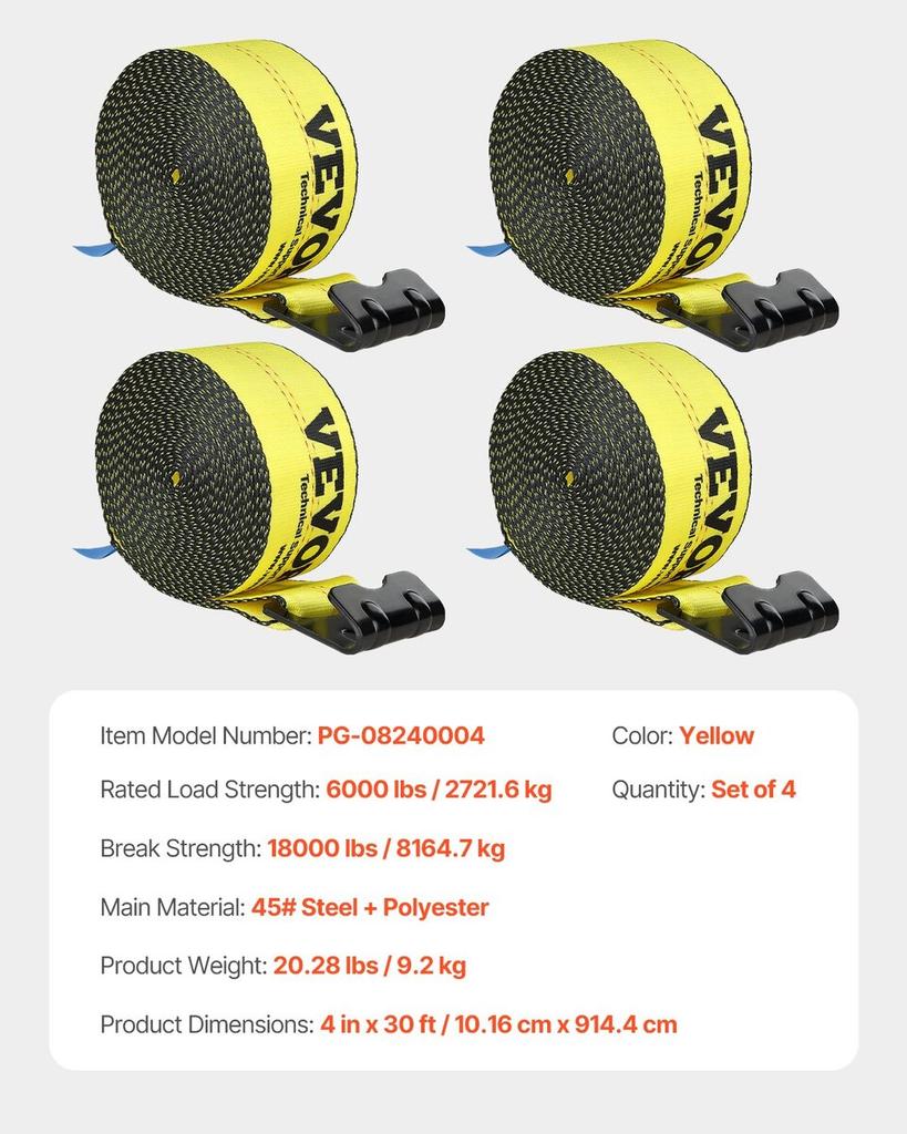 Winch Straps, 4" X 30', 6000 Lbs Load Capacity, 18000 Lbs Break Strength, Truck Straps with Flat Hook, Flatbed Tie Downs Cargo Control for Trailers,