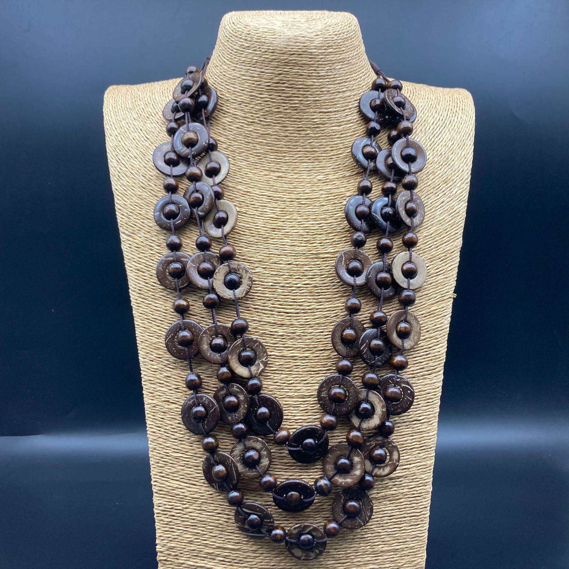 Wooden Three-Layer Bohemian Beaded Necklace Sweater Chain коричневый три слоя 01
