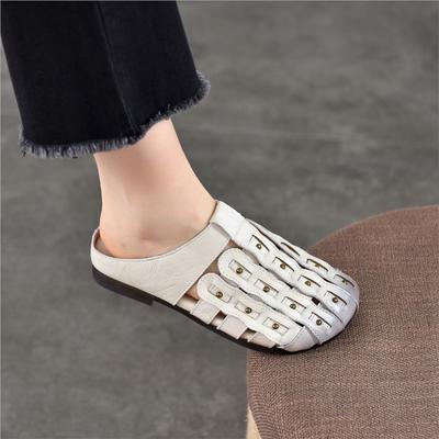 Chinelos Planos Redondos de Couro Genuíno Vazados Solas Macias Chinelos de Exterior Sapatos Slip-on Femininos