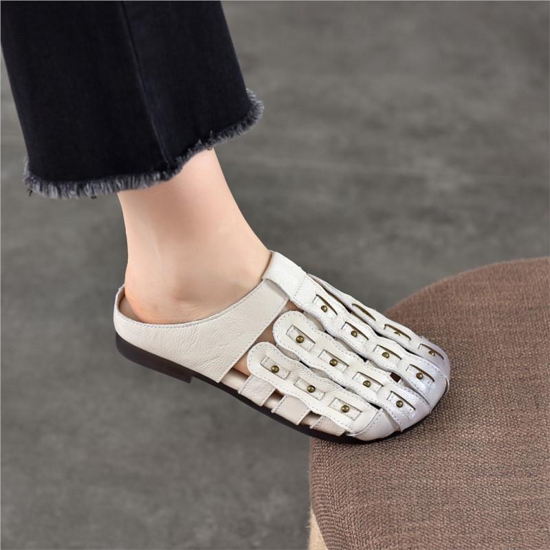 Johnature Genuine Leather Round Toe Flat Slippers Hollow Out Soft Soled Outdoor Slides Women's Slip-on Sheos
