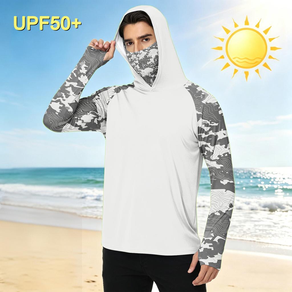 Men's Casual Outdoor Camouflage Print Hooded Long Sleeve Sun Protection Shirt Lightweight Quick Dry Breathable Fabric