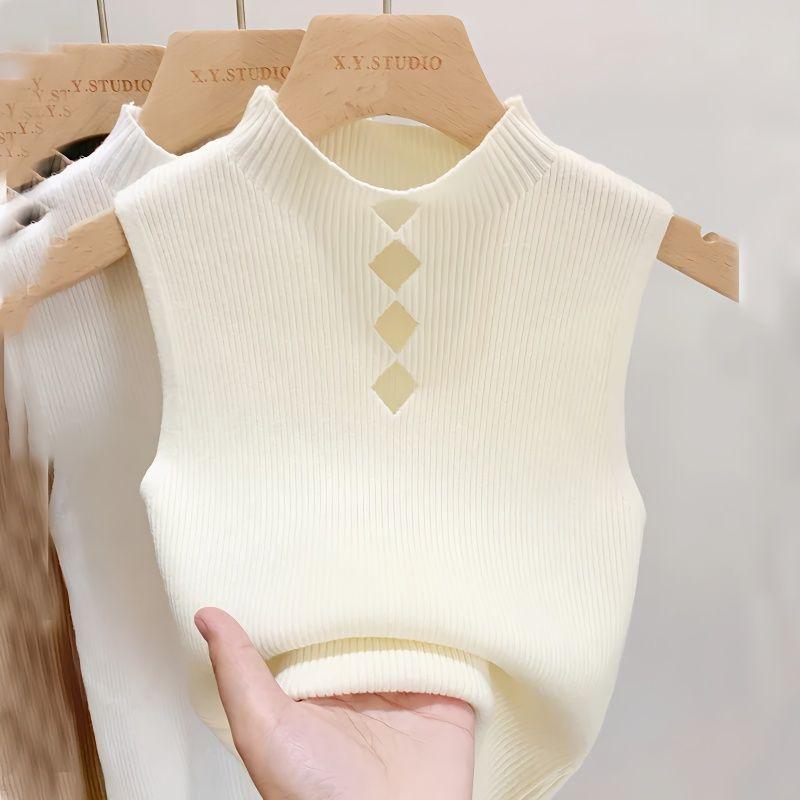 Women's Sleeveless Half High Neck Knit Camisole Lace Sweater Outer Wear Tube Top Short T-shirt