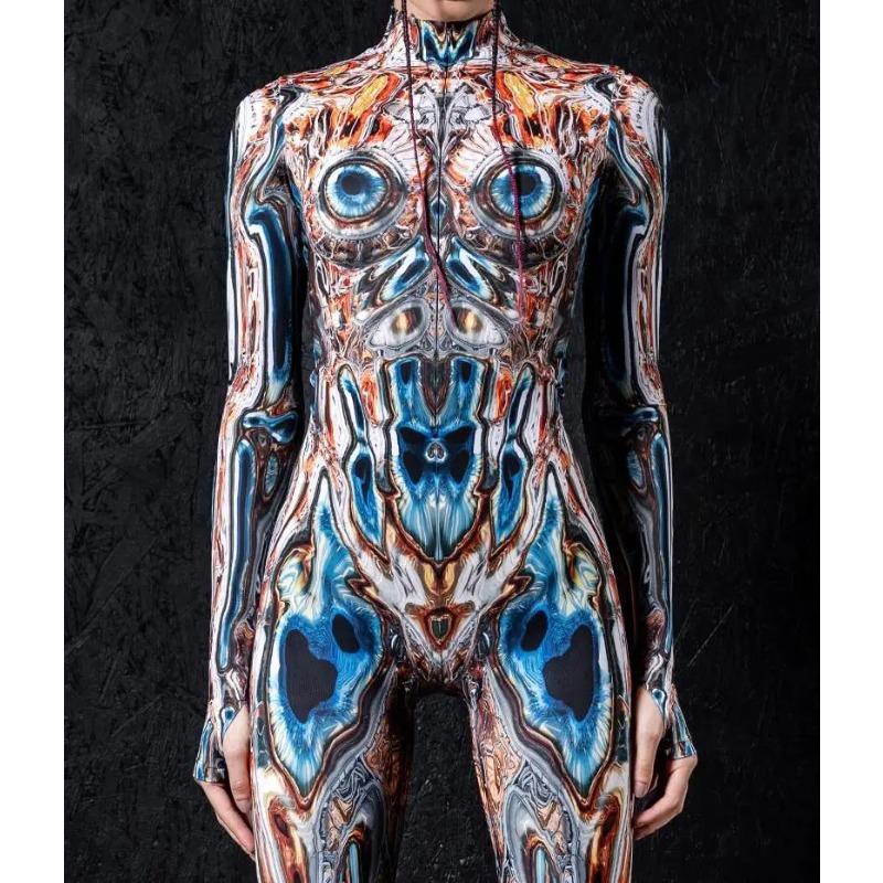 Women 3D Digital Printing Halloween Cosplay Tights Jumpsuit Adult One-piece Carnival Party Stage Show Dance Costume Outfit