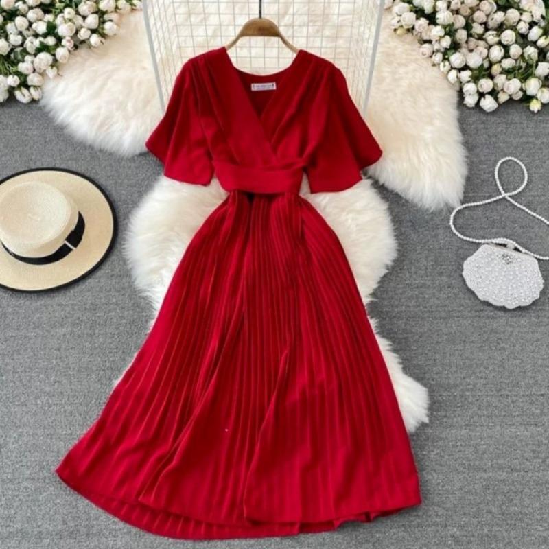 Summer new V-neck short-sleeved dress over the knee slim-fitting pleated temperament lady waist lace-up big pendulum mid-length dress