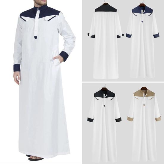 Men Mandarin Collar Long Sleeve Robe Contrast Color Buttons Half Placket Pockets Loose Fit Traditional Robe
