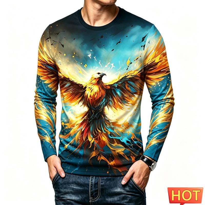 Funny 3D Eagle Print Men's T Shirts Autumn Trend Long Sleeve T-shirt Casual O-neck Loose Tops Fashion Animal Pattern y2k Clothes