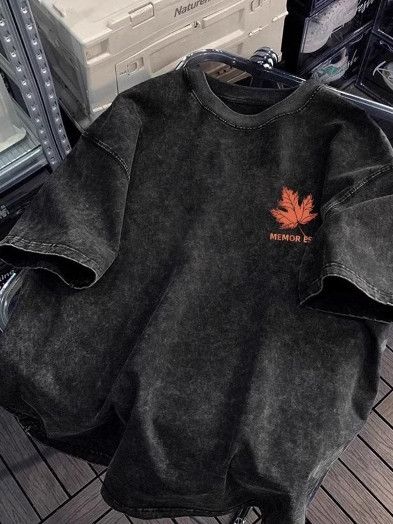 Vintage Washed Black T-Shirt Maple Loose Casual Crewneck Tee Streetwear Soft Comfortable Short Sleeves for Men Women