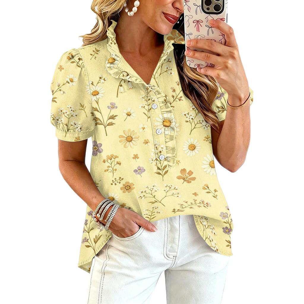 Blusa Stampata da Donna con Volant Scollo a V Manica Corta Casual Vestibilità Larga Bottoni Top Leggero per l'Uso Quotidiano
