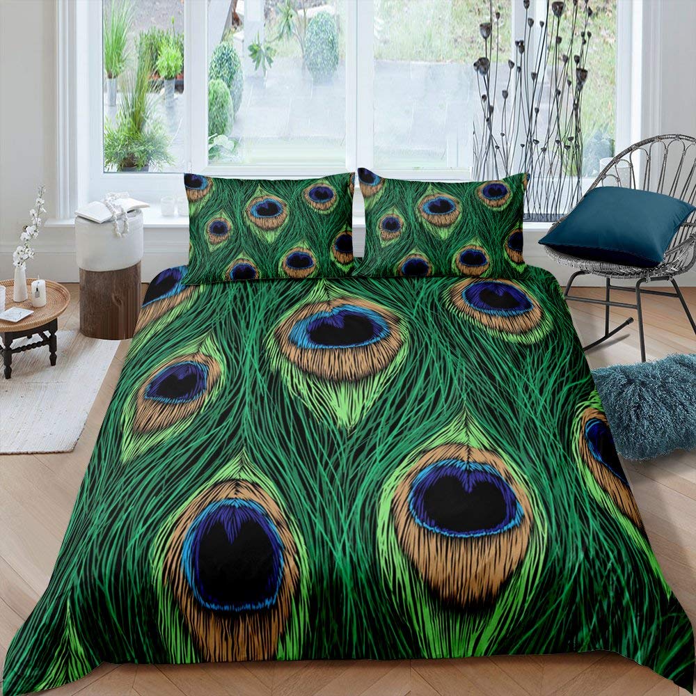 Peacock Feather Print Duvet Cover Bird Feathers Element Bedding Set Ultra Psychedelic Swirl Comforter Cover Colorful Bedclothes