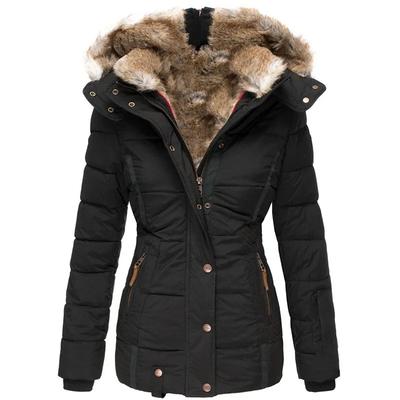 Damen Winterjacke mit Pelzkragen und Reißverschluss, langärmelig, schmale Passform, Kapuzenmantel