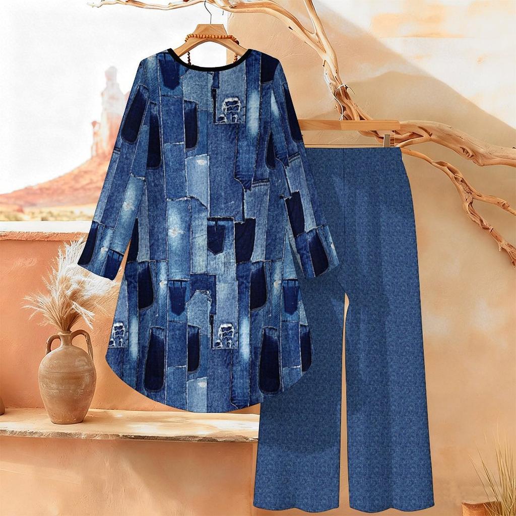 Marble Print Two Piece Outfit Women Long Sleeve Irregular Hem Tunic Top Wide Leg Pants Casual Matching Set