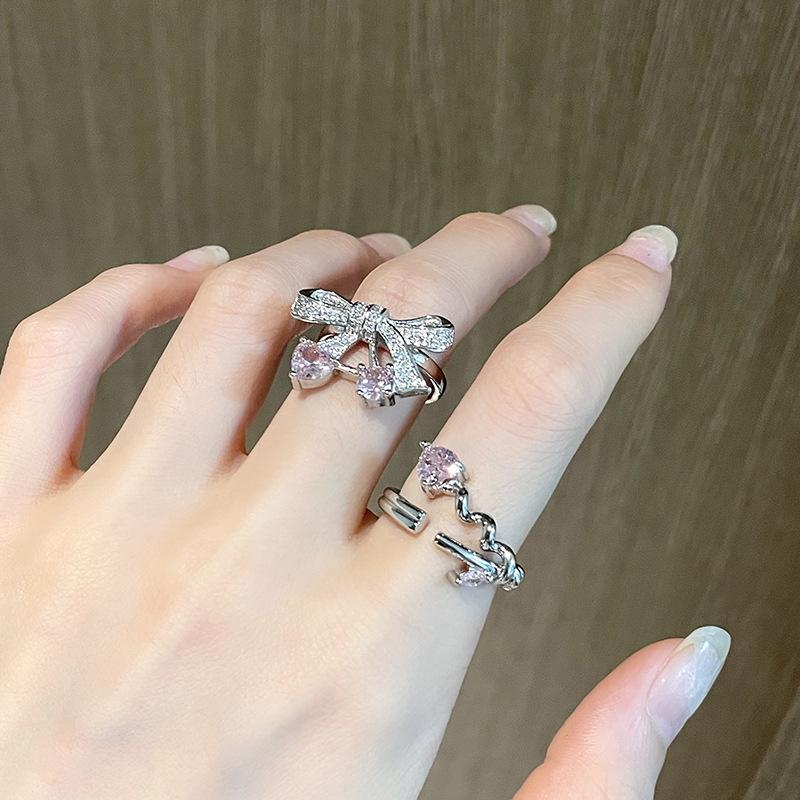 Rosa Liebes-Schleife Kirsch-Zirkon Mikroeingefasster Ring Personalisierter Mode-Mädchenherz Offener Ring