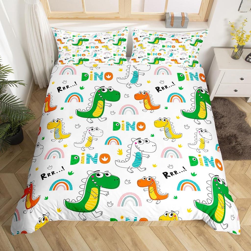 Cute Dinosaur Duvet Cover King Queen Kawaii Cartoon Wild Dino Bedding Set For Kids Boys Girls Jungle Animals Comforter Cover
