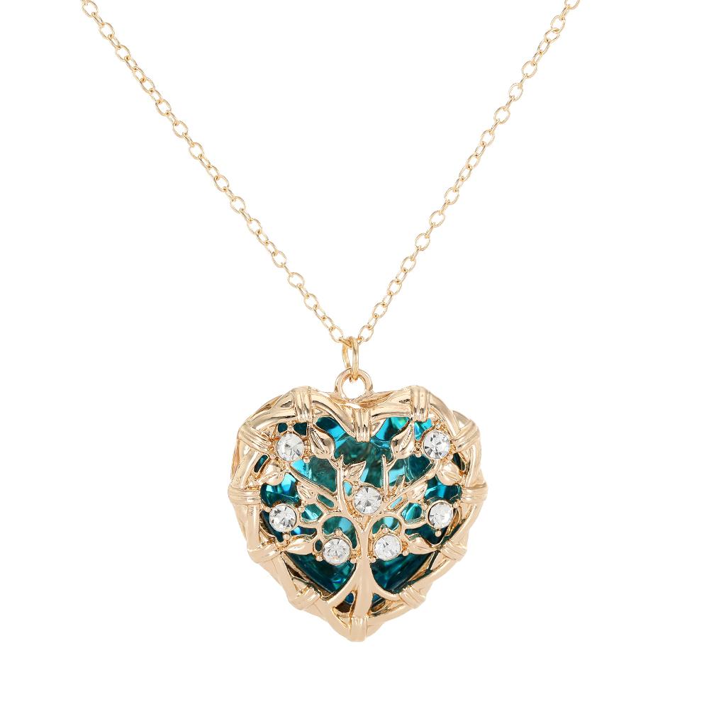 Luxury Hollow Out Heart Rhinestone Locket Pendant Necklace Green Red Pink Purple Blue Roseo Color Crystal Inside For Women