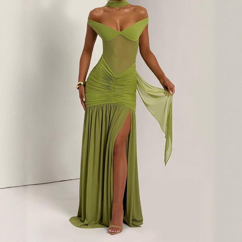 European and American summer sexy V-neck see through backless temperament slit dress