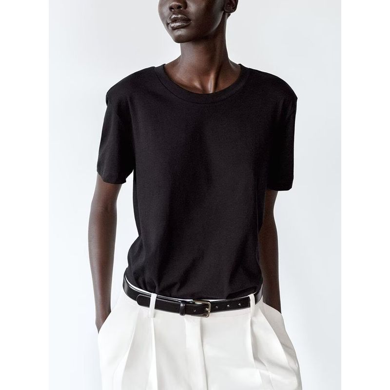 Za2025 Spring New Women's Clothing round Neck Short Sleeve Plaid Three-Color Enzyme Treatment Decorative Layer Cotton T-shirt 4174751