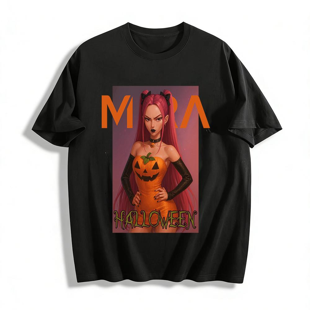 

Halloween Themed Pumpkin Print Top Cool Pink-haired Girl Pattern Casual Festival T-shirt Pure cotton T-shirt XXS