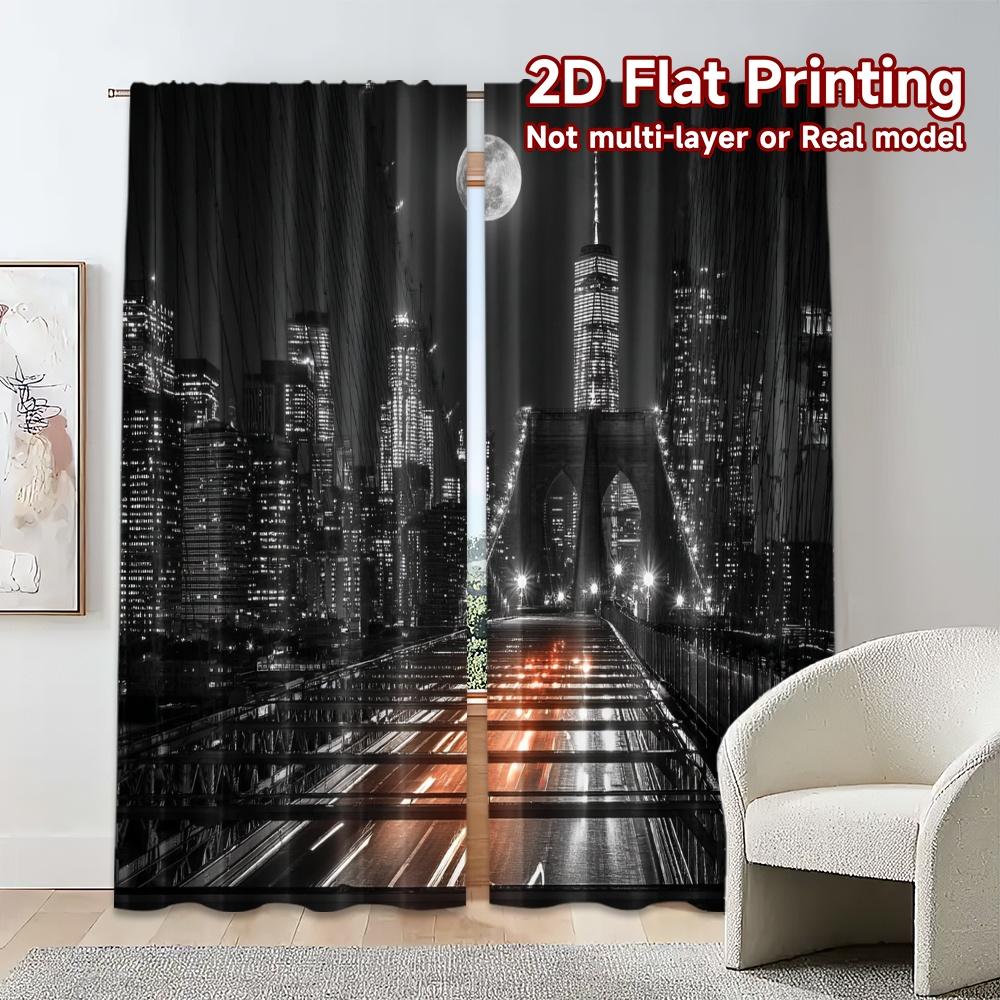 Set Of 2 Minimalist Flat Printing Curtains Without Rod Moonlit Skyline Popular Prints Curtain Semi Sheer Made Polyester