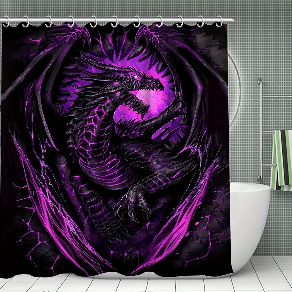 4pcs Dragon Pattern Waterproof Shower Curtain With 12 Hooks Non-Slip Bathroom Rug Toilet U-Shape Mat Toilet Lid Cover Pad
