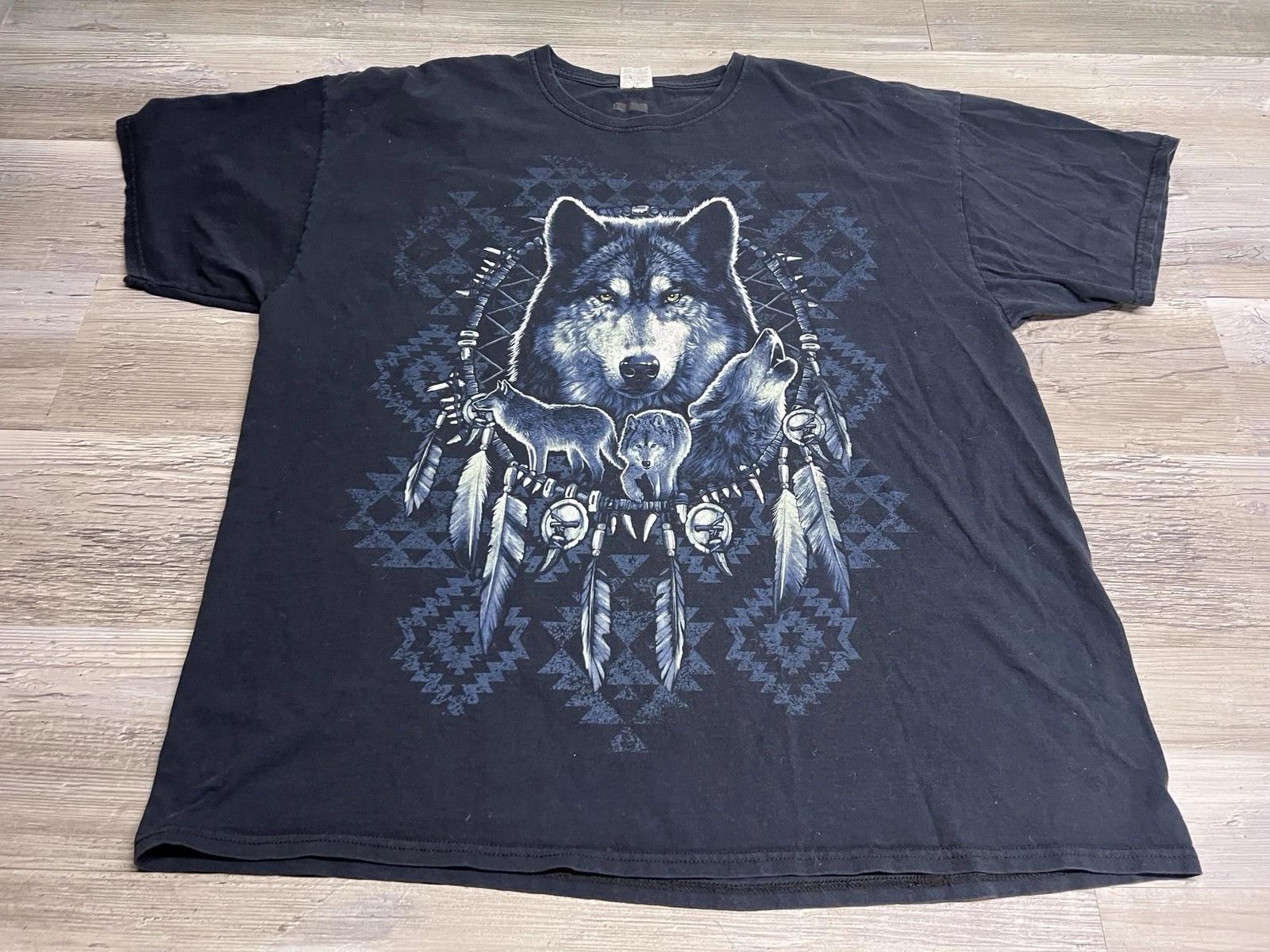 Vintage Y2K Wolf Dream Catcher Native American Art T-Shirt Black Mens Size 2XL S