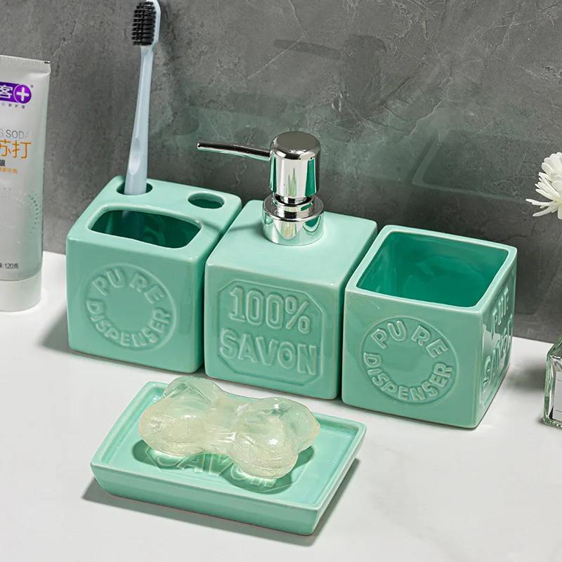 Conjunto Organizador de Banheiro Cerâmico 4 Peças Dispenser de Sabonete Líquido Frasco de Loção Porta-Escova de Dentes Copo Prato de Sabão Armazenamento