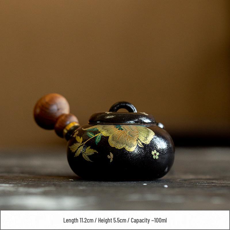 Mu Xi Hand-Painted Silk Peony Ceramic Teapot with Wooden Handle, Black Shino Ware Tea Infuser Set. No Specific Size