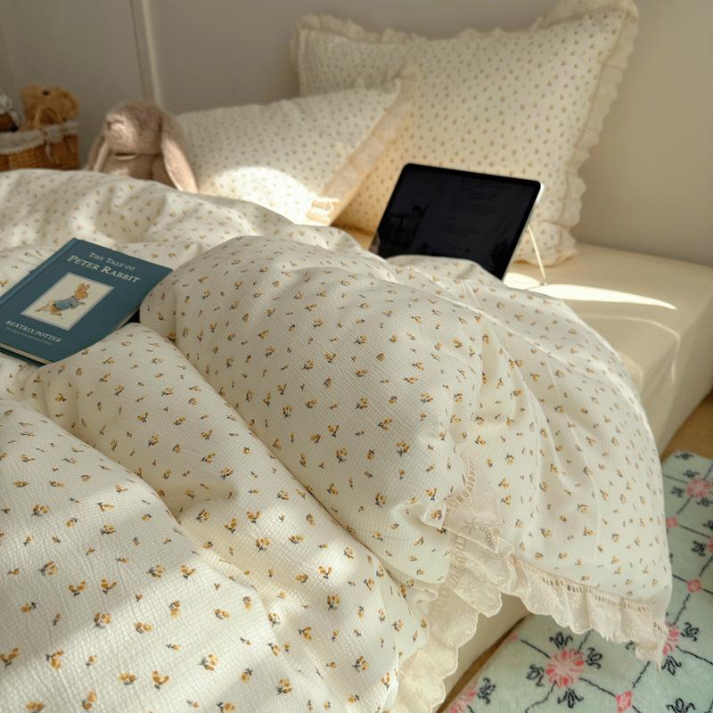 Bedding Set Four-piece Set Princess Wind Seersucker Washed Skin-friendly Breathable Comfortable Bed Sheet Quilt Cover Pillowcase