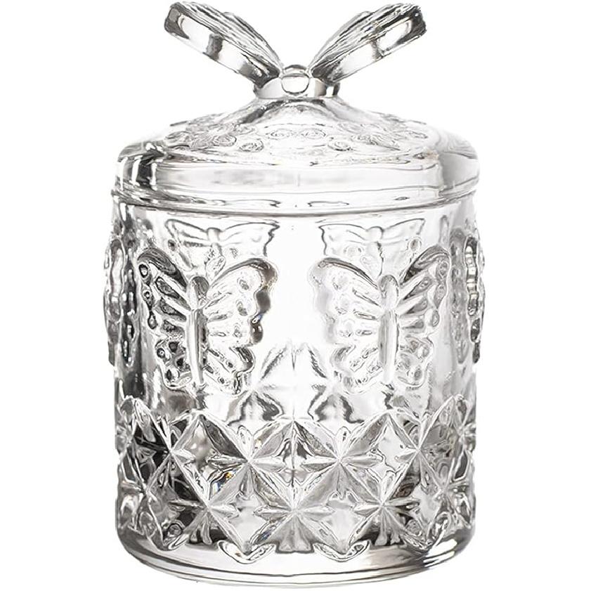 Floral Crystal Glass Relief Flower Candy Dish Swab Box Storage Jar with Lid, 5x3.5 Inches, 8 Oz, 1 Count