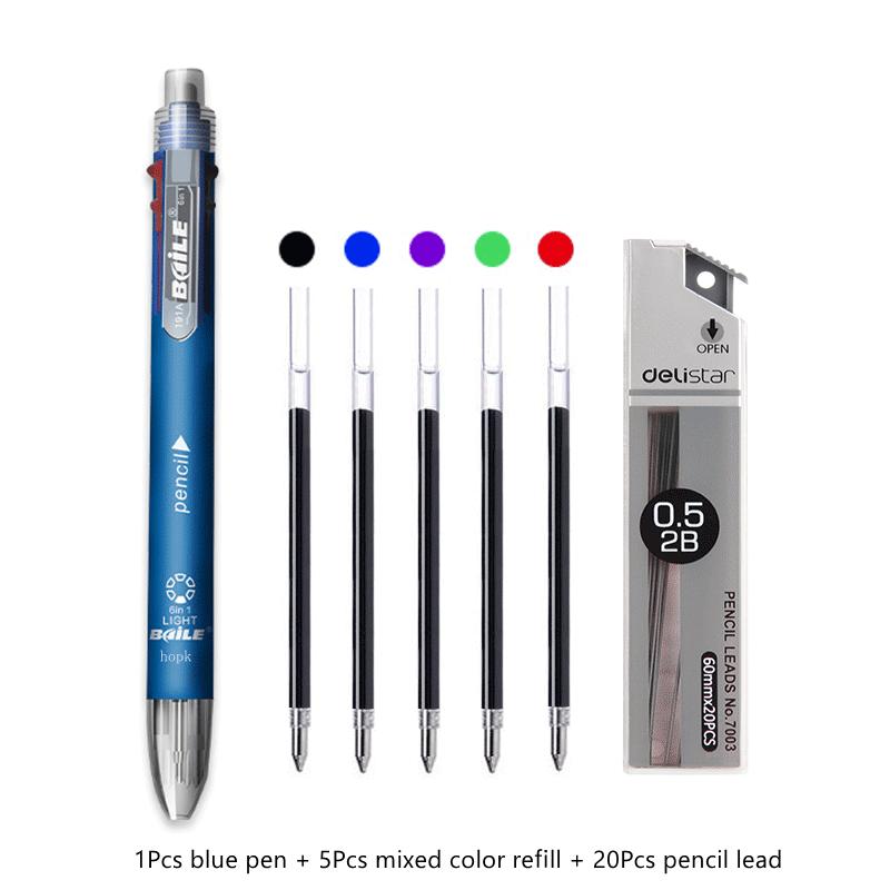 6 in 1 Multifunctional Pen 0.7 mm Ballpoint Pen 5 Colors and 0.5 mm Mechanical Pencil in One Pen for School Office Supplies