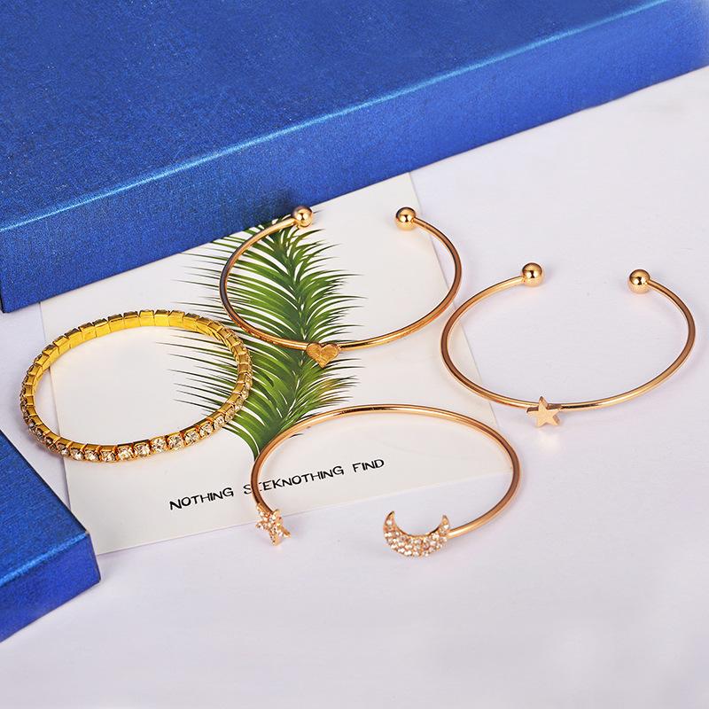Fashion Personality Creative Ladies Alloy Diamond Pentagram Moon Piece Open Bracelet Bracelet