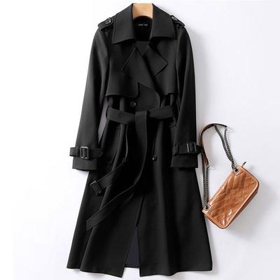 Women's Windbreaker Long Spring And Autumn New  New Solid Color Temperament Long-sleeved Lapel Double-breasted Japanese