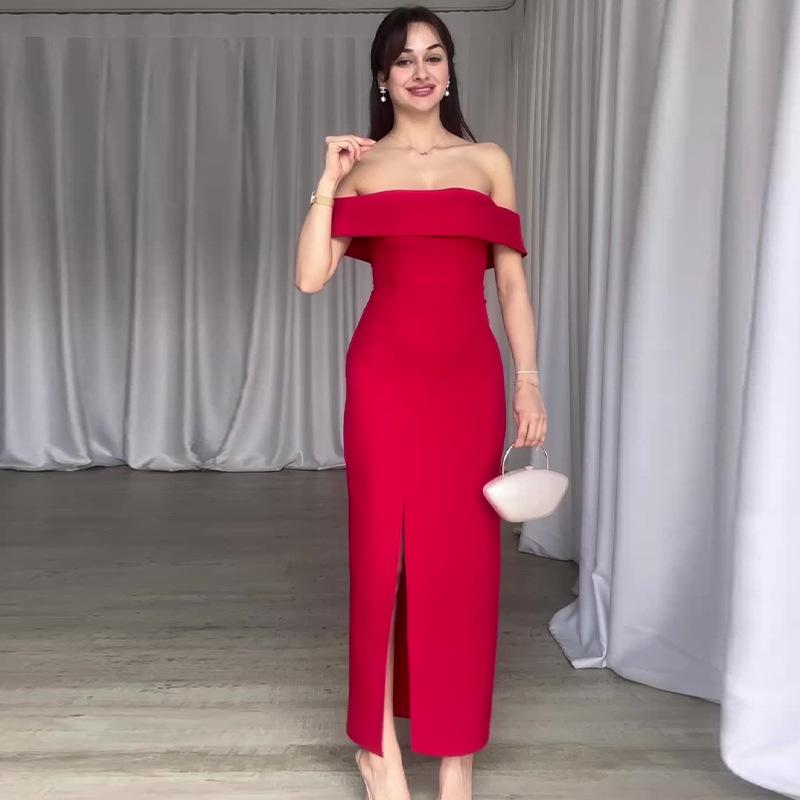 2024 Summer Women's Off-Shoulder Slit Bodycon Dress - European & American Style Fashion