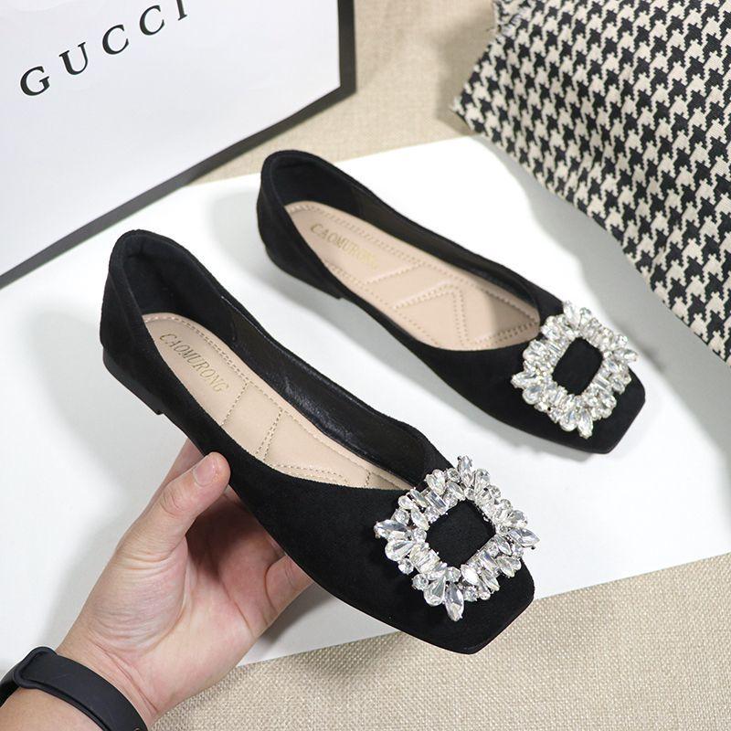 Fashion Flat Shoes Women 2025 New Spring Autumn Square Toe French  Black Shallow Mouth Square Buckle Ladies Shoes Big Size 41 42 43