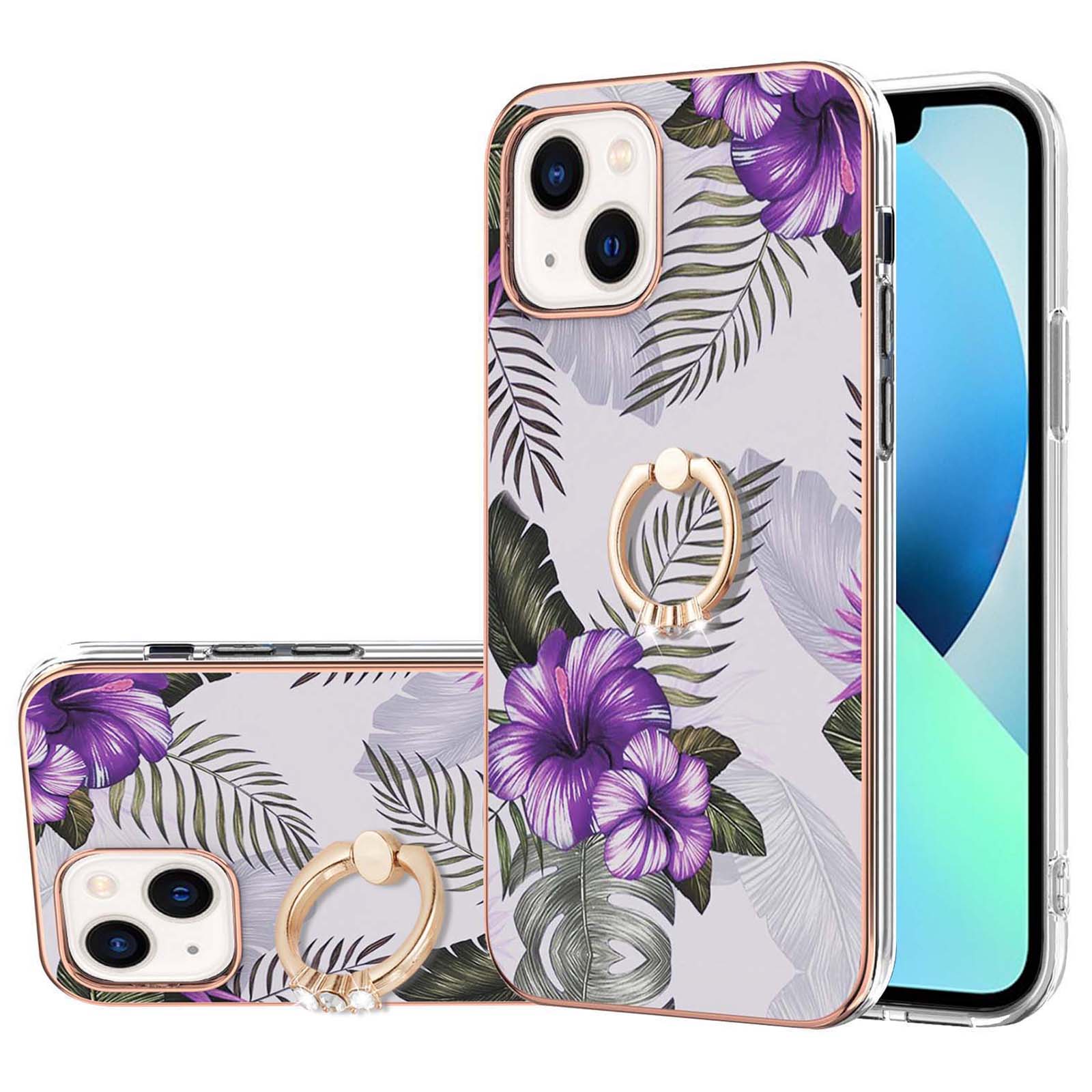 

For iPhone 15 Case with Ring Kickstand IMD Marble Pattern TPU Back Cover Purple Flowers