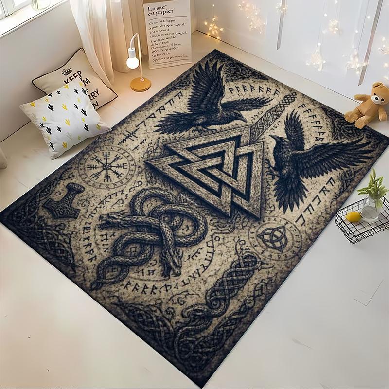 Viking Norse Mythology Symbols and Runes Rug Non-slip Rug Suitable for Living Room and Bedroom Sofas.