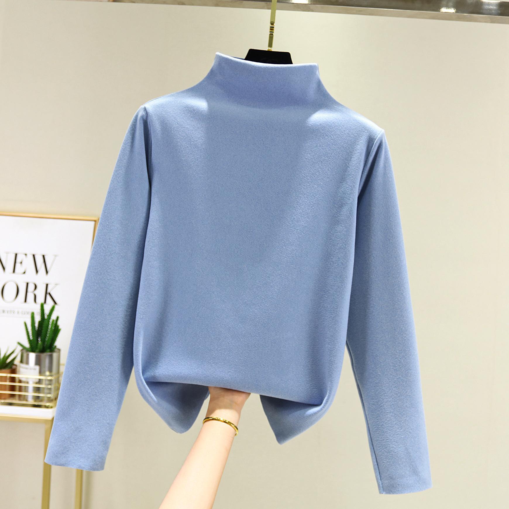 

Немецкий бархатный свитер с половиной высокого воротника для женщин на зимней подкладке с плюшевой матовой футболкой с длинными рукавами для универсального тепла и толстого верха L синий