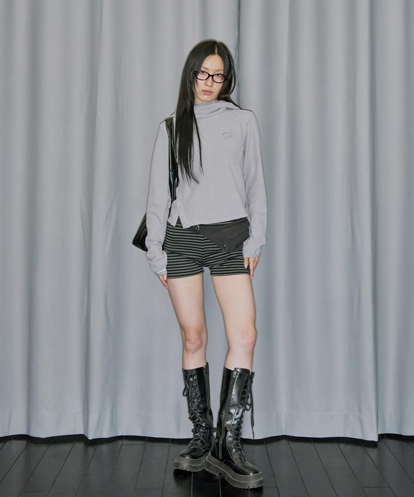 ODDSTUDIO Side Snap Waffle Hoodie Long Sleeve - Light Gray