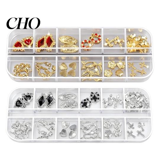 Manicure Charm 1 Set 3D Nail Art Charms 12 Grids Metal Love Heart Long-lasting Accessories Flower Butterfly DIY Design Crafting Decoration Decor