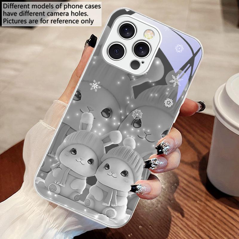 Cute Pink Twin Rabbits For iPhone 16 E 15 14 13 Plus 12 Mini 11 Pro Max XR Xs Max X 7 8 6 6S 2022 Tempered Glass Phone Case