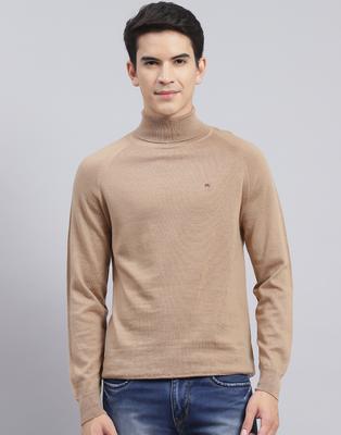Mens Solid Camel Brown High Neck Full Sleeve Pullover