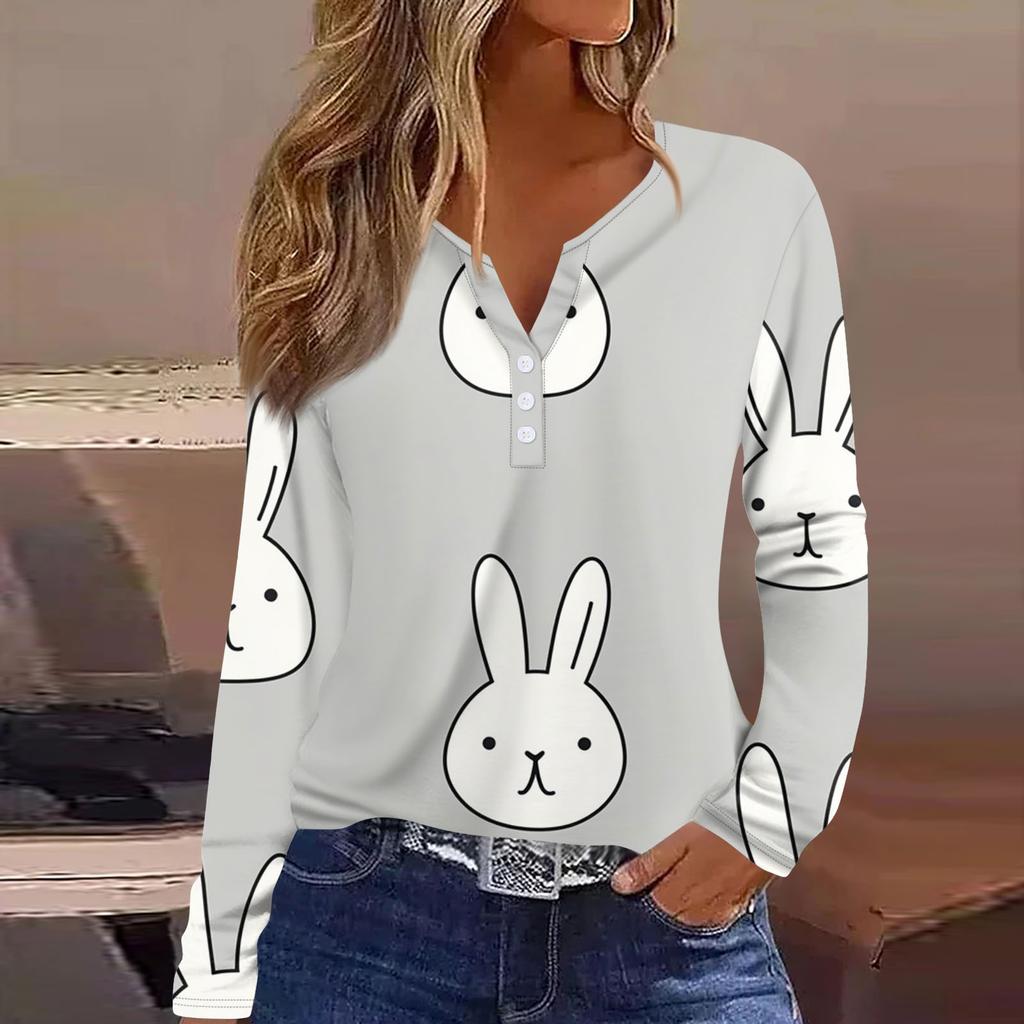 Women's Fashion Casual Printed V-neck Long Sleeve Button Up T-shirt Top
