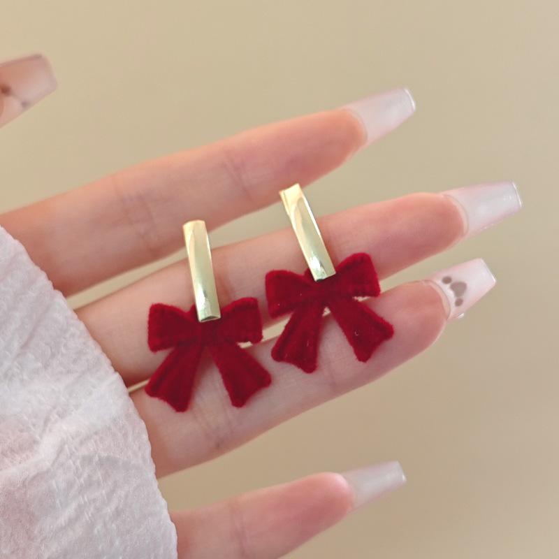2025 Festive Red Flocked Bow Earrings for Women