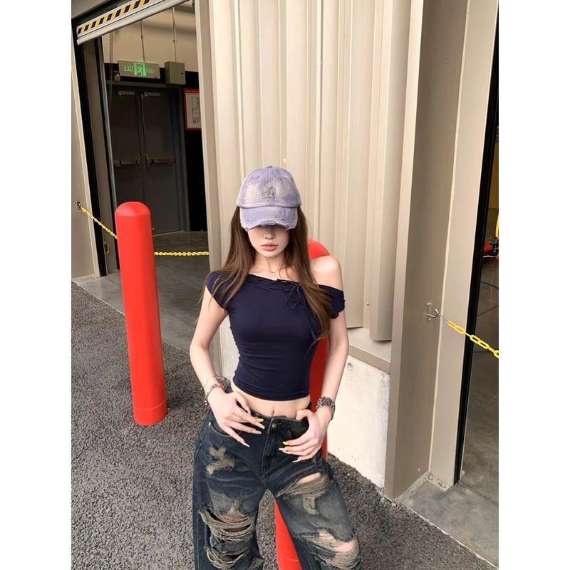 Kumikumi Retro Set Backless Lace-up Short sleeve T-shirt Women Summer Ripped Jeans Wide Leg Pants Two-piece Set