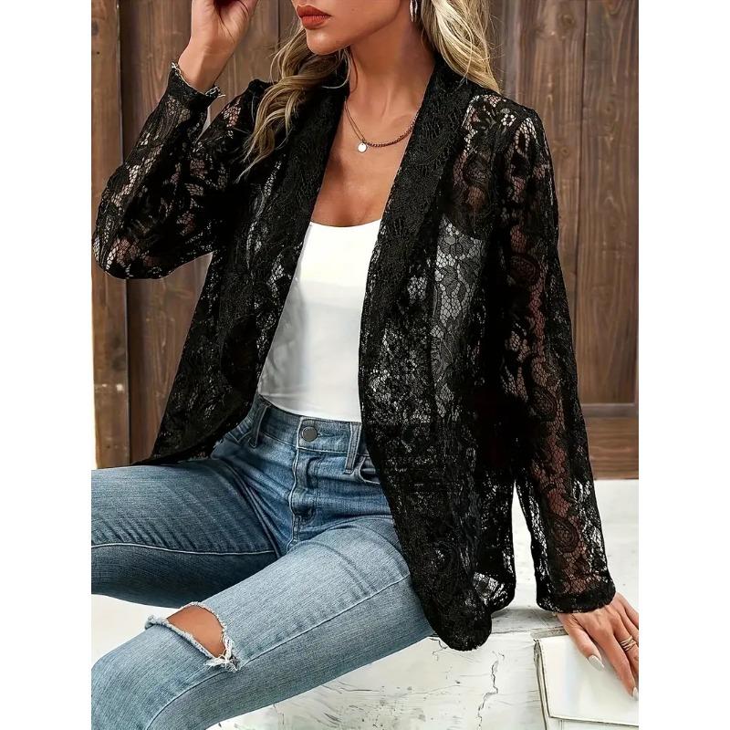 Large Floral Patterned Open Top Suit Jacket, Elegant Summer and Spring Long Sleeved Jacket, Women's Plus Size Clothing