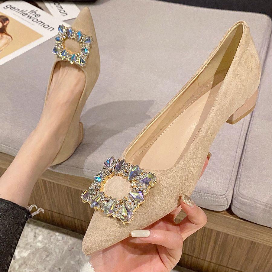 Low heel black professional thick heel single shoes women's spring 2025 new temperament pointed head shallow mouth rhinestone flat shoes
