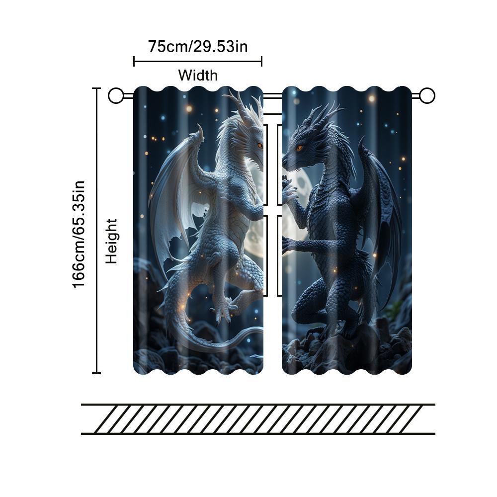 2 Pcs, Filtering Curtains (excluding Rods, Non-movable, Without Batteries) Yin Yang Dragons for Use In Bedrooms and Living Rooms
