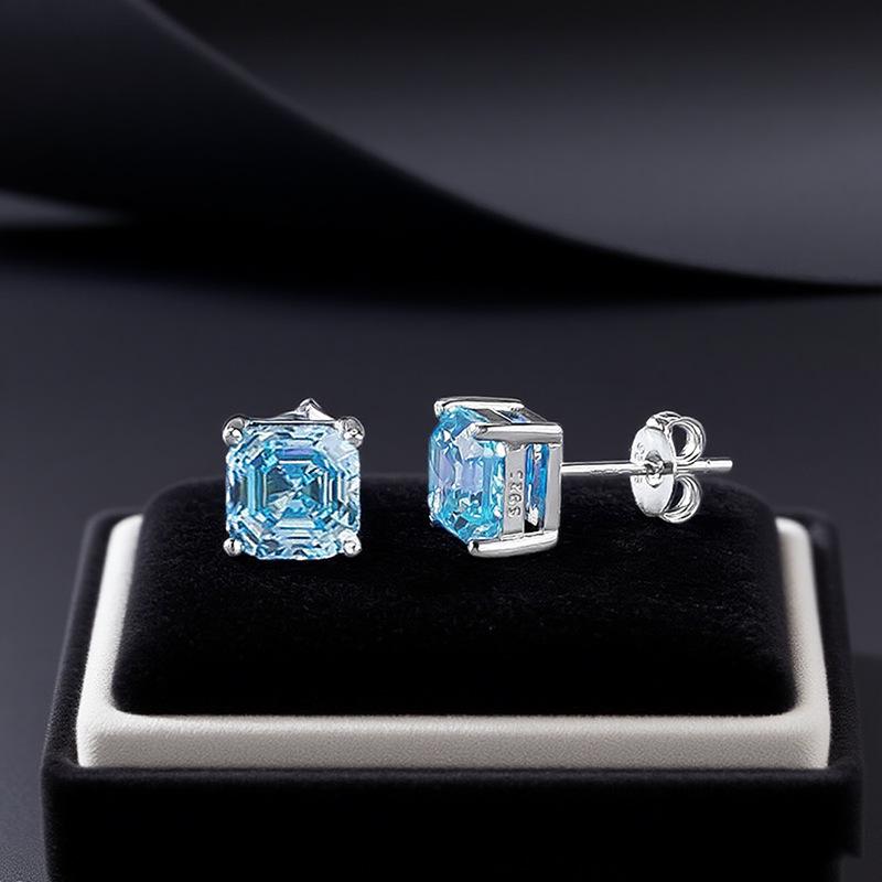 2025 Sea Blue Pagoda Simulated Diamond Stud Earrings in 925 Silver