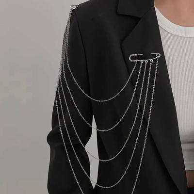 KunJoe Punk Hip Hop Tassel Chain Brooches Multi-layer Detachable Double Pin for Men Women Charm Suit Brooch Jewelry Accessories
