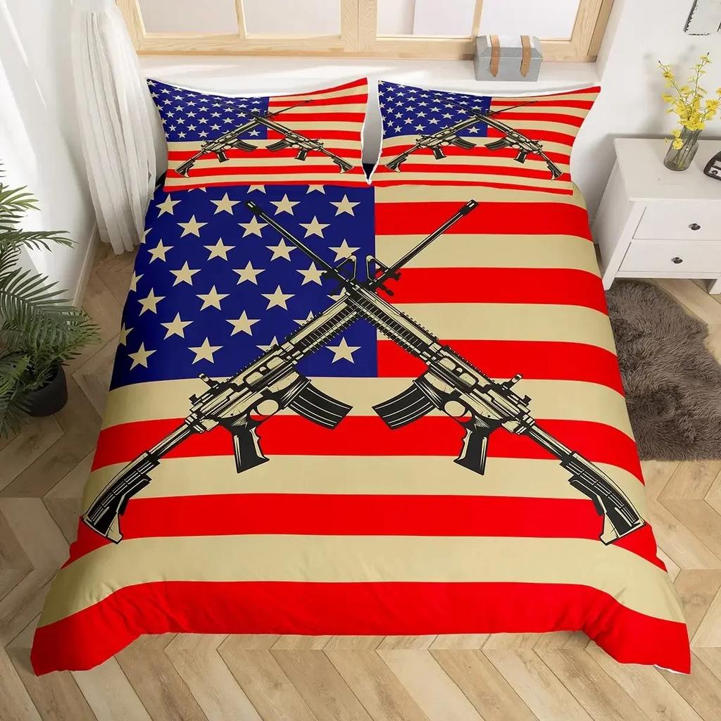 American Flag Machine Gun Comfortable Duvet Quilt Cover Pillowcase Bedding Set Children Bedroom Decoration Home Textile